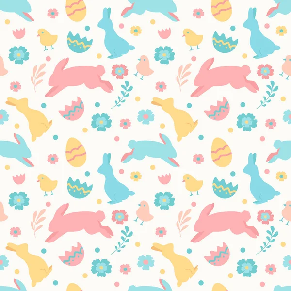 Paskalya Temalı Şirin Vektörsüz Desen Tavşanlar Tavuklar Çiçekler Renkli Yumurtalar — Stok Vektör