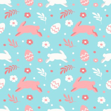  Paskalya temasında el çizimi tavşanlar, çiçekler ve renkli yumurtalarla şirin vektörsüz desen. Giysi, kumaş, ambalaj kağıdı üzerine baskı kalıbı