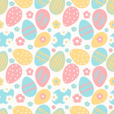  Paskalya temalı şirin vektörsüz desen ve elle çizilmiş renkli yumurtalar. Giysi, kumaş, ambalaj kağıdı üzerine baskı kalıbı