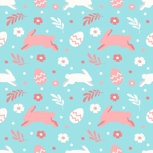 Paskalya Temasında Çizimi Tavşanlar Çiçekler Renkli Yumurtalarla Şirin Vektörsüz Desen — Stok Vektör