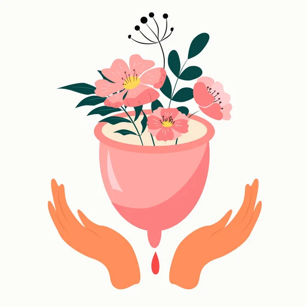 ベクトル手描きイラスト 花と手で月経カップ 月経や女性用衛生用品をテーマにした写真です ウェブサイト アプリのためのフラットイラストのトレンド — ストックベクタ