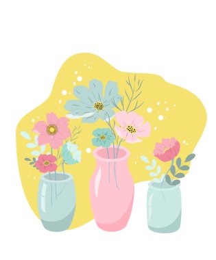  Vektör el çizimi - güzel çiçekli üç vazo. Çiçekçilik, çiçek sanatı temalı bir resim. Web siteleri, dergiler ve uygulamalar için transdy düz illüstrasyon