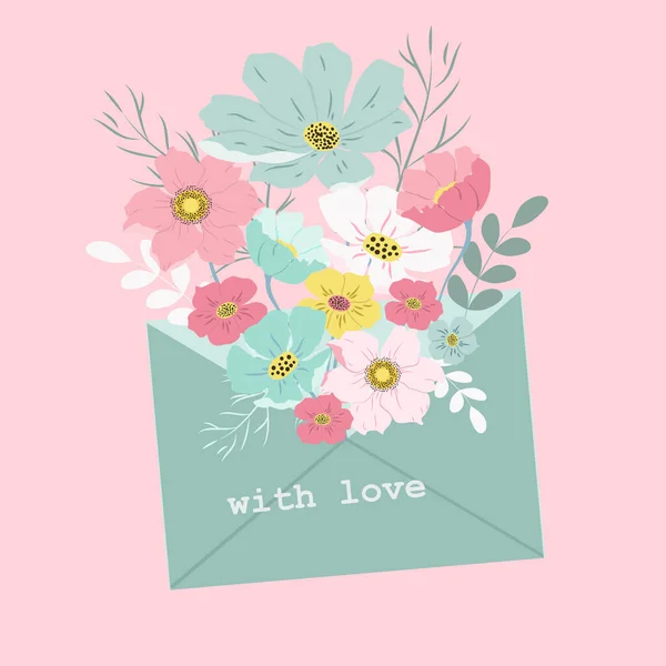 矢量手绘插图 主题是春天 妇女日 情人节 在信封里装着美丽的花朵 上面写着 带着爱心 的字样 是网络 杂志的时髦平面插图 — 图库矢量图片