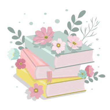  Vektör el çizimi çizimi - yumuşak renklerde kitap ve çiçek yığını. İlkbahar, yaz havası. Tebrik kartı, el ilanları, dergiler, web siteleri ve uygulamalar için düz trend çizimi