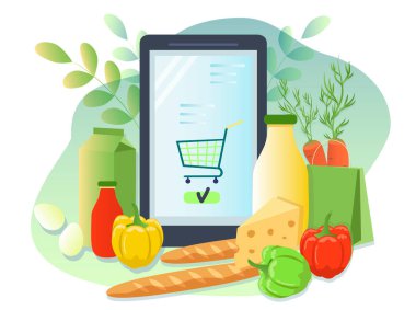  Vektör el çizimi illüstrasyon - ürünleri çevrimiçi sipariş etmek, yemek teslimatı. Akıllı telefon ve yemek. Çevrimiçi bakkal. trend düz illüstrasyon, web siteleri, uygulamalar, dergiler için afiş