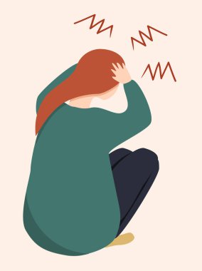  Oturan ve elleriyle başını sıkan bir kızın vektör çizimi. Negatif duygular üzerine bir resim, nefret, öfke, tükenme, umutsuzluk. Web ve dergi için trend düz illüstrasyon