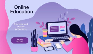  vektör el çizimi çevrimiçi eğitim teması, uzaktan öğrenme üzerine çizildi. Kız bilgisayarın başına oturur ve ders çalışır. trend düz illüstrasyon, web siteleri, dergiler ve uygulamalar için afiş