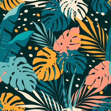  Elle çizilmiş tropikal süslemeli vektörsüz desen, yeşil tonlu palmiye yaprakları. Orman modeli. Kumaşa baskı yapmak için eğilim düzdür. Giysiler, ambalaj kağıdı
