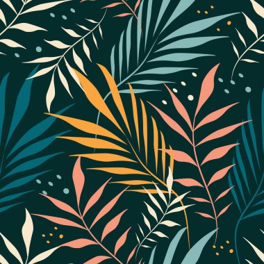  Elle çizilmiş tropik süslemeli vektörsüz desen, koyu yeşil arkaplanda palmiye yaprakları. Orman modeli. Kumaşa baskı yapmak için eğilim düzdür. Giysiler, ambalaj kağıdı