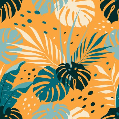  Elle çizilmiş tropikal süslemeli vektörsüz desen, sarı arkaplanda palmiye yaprakları. Orman modeli. Kumaşa baskı yapmak için eğilim düzdür. Giysiler, ambalaj kağıdı