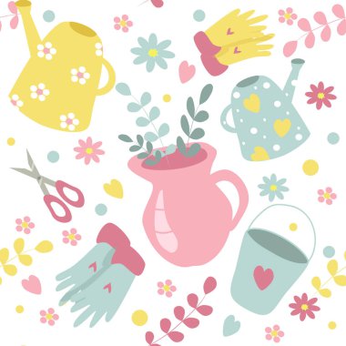  Bahçecilik, bitki bakımı ve bahar temalı, elle çizilmiş su bidonları, eldivenler, çiçekler ve bitkiler üzerindeki vektörsüz desen. Kumaş, kağıt üzerine baskı için desen