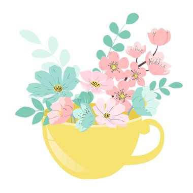  Vektör el çizimi - çay için bir fincanda çiçekler. Bahar temalı bir resim, çiçekler, çiçekçiler. Web siteleri, uygulamalar ve dergiler için konu başlığı düz illüstrasyonu