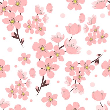 Beyaz arkaplanda el çizimi dallar ve sakura çiçekleri olan kusursuz bir desen. Kiraz çiçekleri. düğün deseni, kumaş, giysi, ambalaj kağıdı baskısı için çiçek deseni