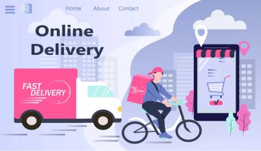  Vektör çizimi. Hızlı teslimat temalı bir fotoğraf seti. Bir kamyon ve bir bisikletçi. Kutulu bir kurye. Web siteleri, dergiler ve uygulamalar için düz trend illüstrasyonu