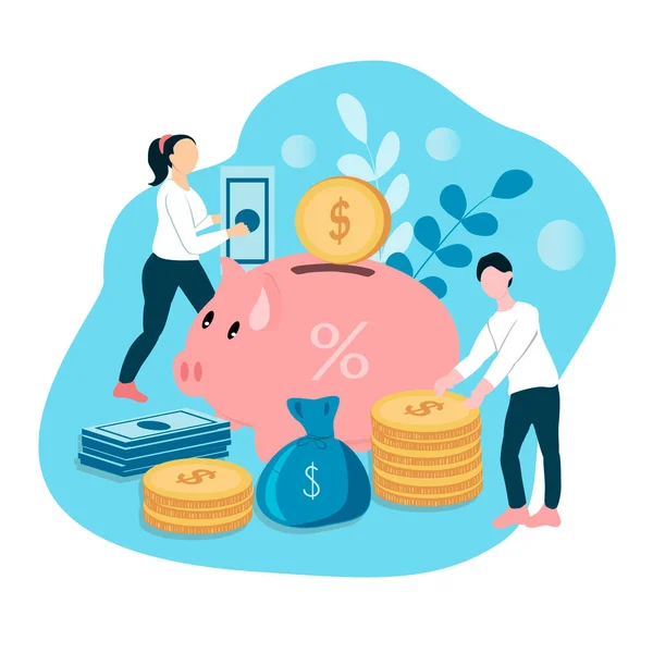 Vector Illustration Theme Saving Money Woman Man Carry Money Piggy — Stock Vector