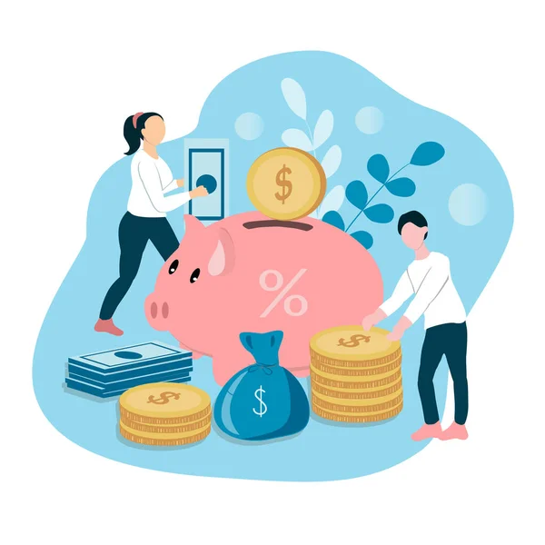  Tasarruf temasında vektör illüstrasyonu. Bir kadın ve bir erkek domuz kumbarasına para taşır. Katkı payı, maliyet tasarrufu, finansal okur-yazarlık. Web siteleri, dergiler ve uygulamalar için düz illüstrasyon