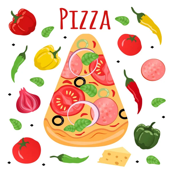 Διανυσματική Απεικόνιση Μιας Φέτας Πίτσα Και Συστατικά Για Πίτσα Λαχανικά — Διανυσματικό Αρχείο