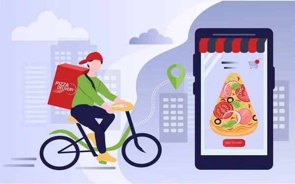 Müşteriye Pizza Götüren Bir Teslimatçının Vektör Çizimi Akıllı Telefon Ekranında — Stok Vektör