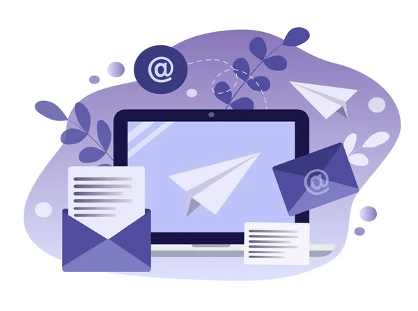  E- posta temasının vektör illüstrasyonu. Bilgisayar ekranı, mektuplar, zarflar. İş yazışmaları, e-postalar, anında kuryeler. Web siteleri, dergiler ve uygulamalar için düz illüstrasyon
