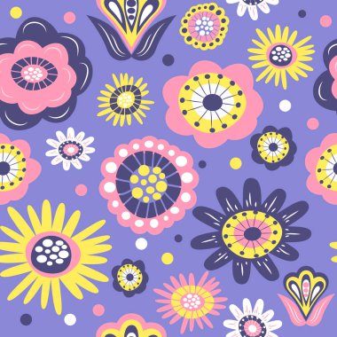  Pembe ve leylak renginde ilkel çiçeklerle boho tarzında el çizimi yapılmış şirin, pürüzsüz bir vektör deseni. Kumaş, giysi, ambalaj kağıdı baskısı için desen. Çiçek arkaplanı