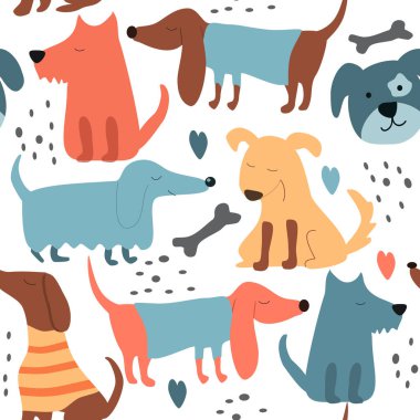  El çizimi, köpekler, kemikler, saf çocuksu süslemeler. Kumaş, giysi, ambalaj kağıdı, çocuk odası için duvar kağıdı, bebek eşyaları.