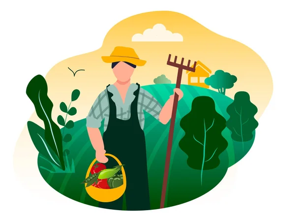 Vector Ilustración Agricultor Con Una Cesta Verduras Cosecha Fondo Los — Archivo Imágenes Vectoriales