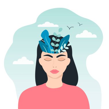  Ruh sağlığı konulu vektör çizimi. Meditasyon. Çiçeklerin yetiştiği genç bir kızın başı. Huzur ve rahatlama. Web siteleri, dergiler ve uygulamalar için düz trend illüstrasyonu