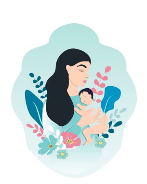  vector hand drawn illustration of a young mother tenderly holding a baby in her arms. mother's day, motherhood, birth. flat trending illustration for websites, magazines, applications