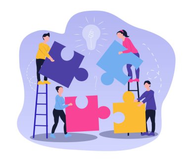  Takım çalışması temasında vektör illüstrasyonu. İnsanlar bulmaca parçaları taşır. Dost canlısı çalışanlar, birbirine sıkı sıkıya bağlı. Web, dergiler ve uygulamalar için illüstrasyon