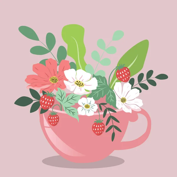 Illustration Vectorielle Dessinée Main Fleurs Fraises Dans Une Tasse Pour — Image vectorielle