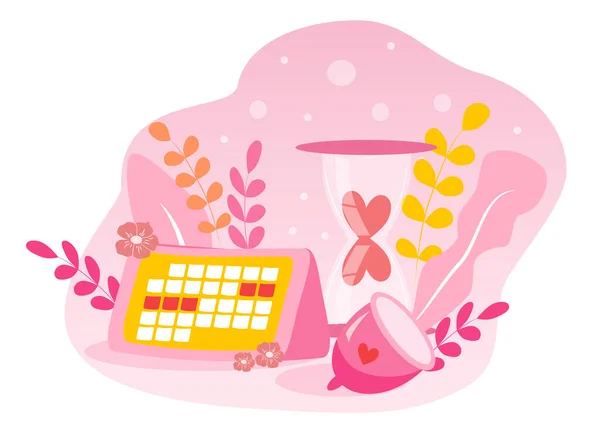 ベクトル手描きイラスト 花とカレンダー付き月経カップ 月経や女性用衛生用品をテーマにした写真です ウェブサイト アプリのためのフラットイラストのトレンド — ストックベクタ