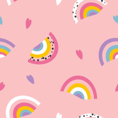  Elle çizilmiş gökkuşağı ve pembe zemin üzerinde kalpler olan kusursuz vektör deseni. Düz biçimdeki resimleme eğilimi.