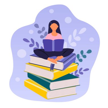  Kitap okuma temasına vektör el çizimi. Kız koca bir kitap yığınının üzerinde otururken kitap okuyor. Düz biçimdeki resimleme eğilimi