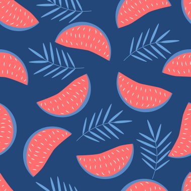  Mavi arka planda karpuz dilimleri ve palmiye yaprakları olan pürüzsüz vektör deseni. Düz bir şekilde tropikal desen. yaz arkaplanı