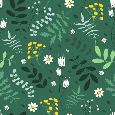  Güzel, pürüzsüz desenli, el çizimi çayır çiçekleri yeşil tonda otlar. Düz bir yaz geçmişi var. Kumaş, giysi, ambalaj kağıdı üzerine baskı kalıbı