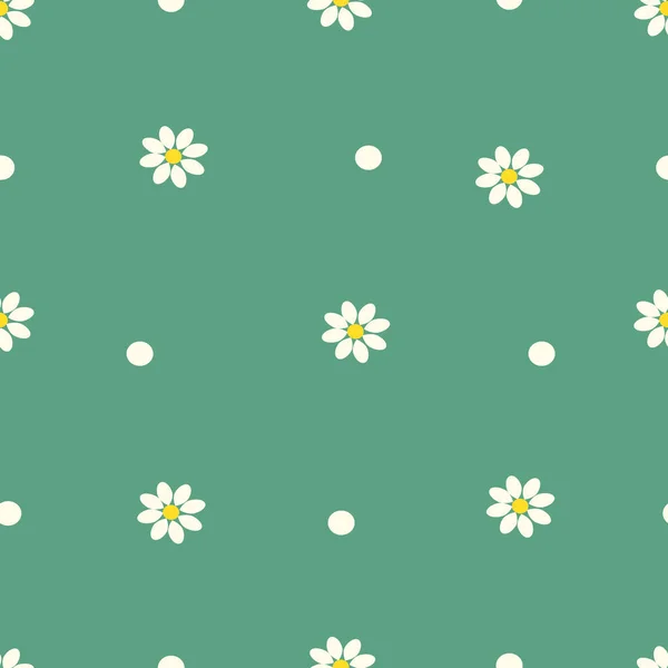 Милый Бесшовный Узор Ромашкой Цветы Точки Зеленом Фоне Летний Узор — стоковый вектор