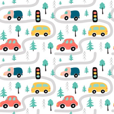  Güzel vektörsüz desenli çocuklar çiziyor. Arabaları, yolları, ağaçları olan sokak trafiği. Giysi, kumaş, ambalaj kağıdı baskısı için düz bir resim