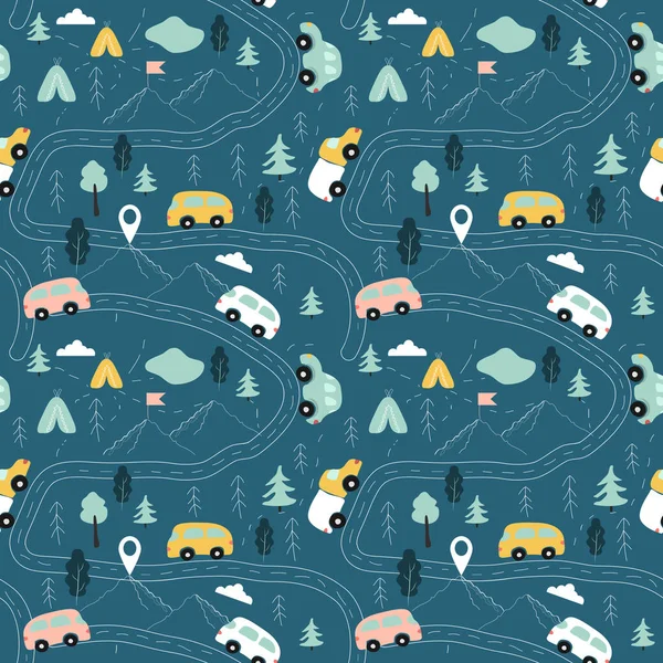  cute vector seamless pattern with childrens drawing - road with cars, mountains, trees. flat illustration in scandinavian style for printing on clothing, fabric, wrapping paper