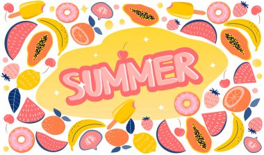  cute vector hand drawn illustration - summer doodle with tropical fruits, ice cream, donuts and summer lettering. trend illustration in flat style