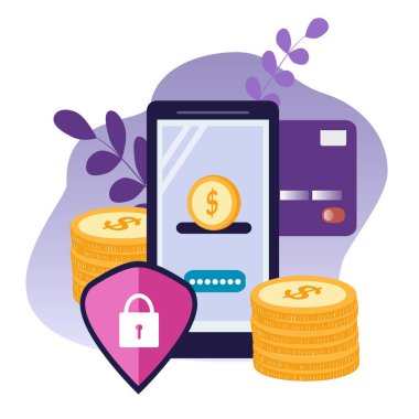  Elektronik ödemelerin güvenlik teması, veri koruması üzerine vektör el çizimi. Akıllı telefon, para ve kredi kartı. Düz biçimdeki resimleme eğilimi
