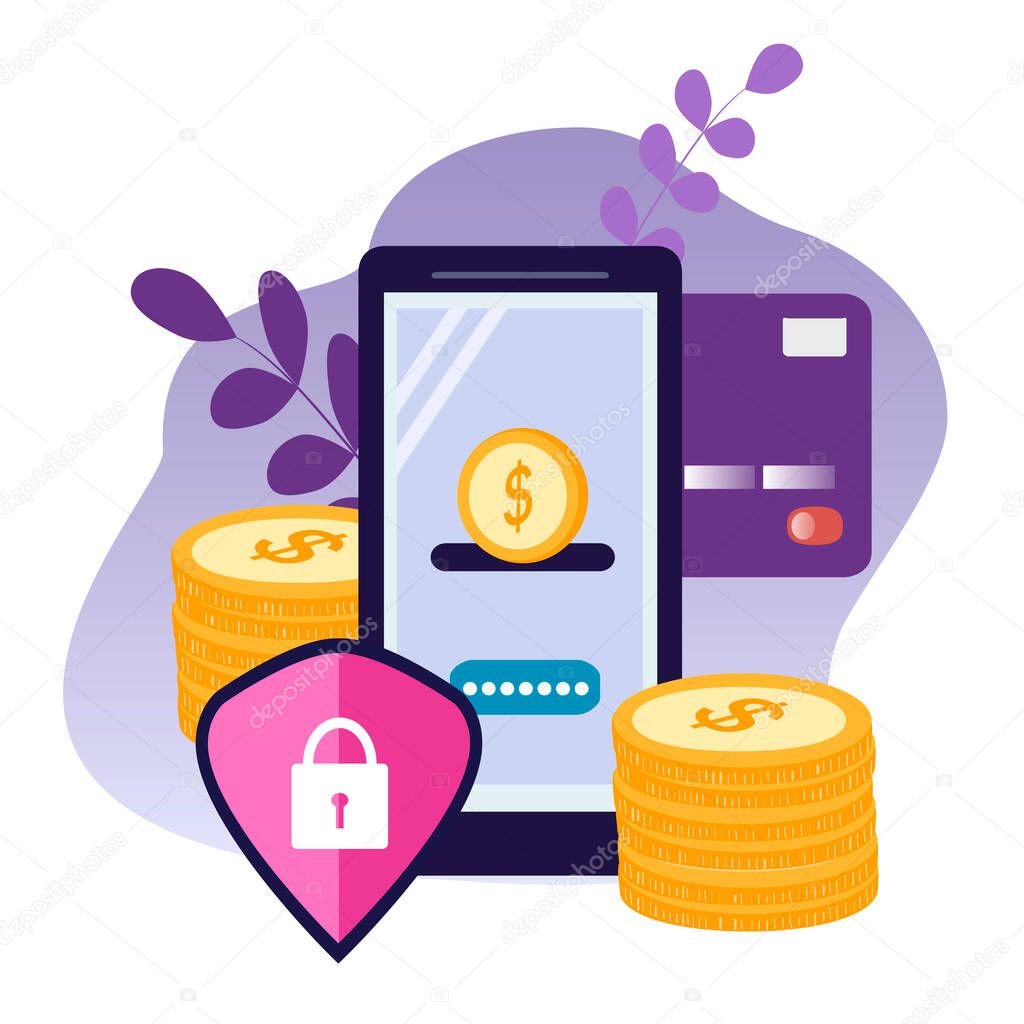 vector hand drawn illustration on the theme of security of electronic payments, data protection. smartphone, money and credit card. trend illustration in flat style