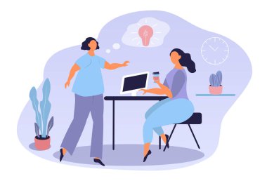  Vektör el çizimi - bir fikri olan ve ofisten bir meslektaşıyla paylaşan bir kız. Web siteleri, dergiler ve uygulamalar için düz stilde moda illüstrasyon