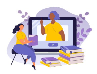  Vektör el çizimi çevrimiçi öğrenme, webinar, uzaktan eğitim teması üzerine. Bilgisayardaki öğretmen öğrenciye bir şeyi açıklıyor. Düz biçimdeki resimleme eğilimi
