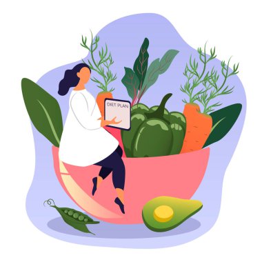  Diyet teması üzerine vektör el çizimi, iyi beslenme. Doktor bir diyet planı tutuyor. Bir kase sebze. Düz biçimdeki resimleme eğilimi