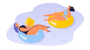  Vektör el, yaz tatili ve tatil temasına hoş bir illüstrasyon çizdi. İki kız havuzda ya da şişme halkalarla denizde yüzer. Düz biçimdeki resimleme eğilimi