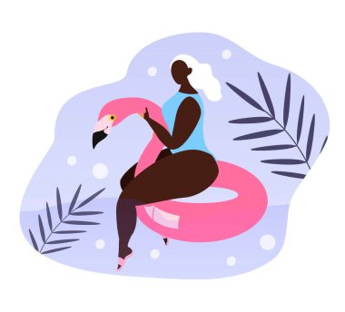  Vektör el, yaz tatili ve tatil temasına hoş bir illüstrasyon çizdi. Kız havuzda ya da denizde şişme halkalarla yüzüyor. Flamingo. Düz biçimdeki resimleme eğilimi