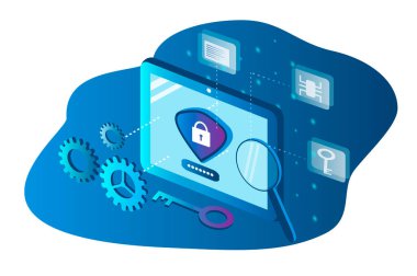  Bilgisayarlar ve veri koruması için antivirüs temasına vektör el çizimi. Bilgisayar, ekranında kilidi olan bir kalkan var. Düz biçimdeki resimleme eğilimi