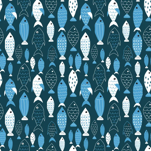 Cute Vector Seamless Pattern Hand Drawn Fishes Blue Tones Childish — Stock Vector