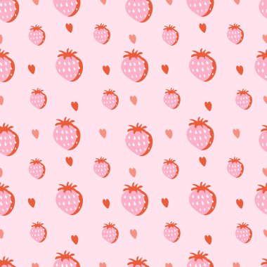  Elle çizilmiş çilekler ve pembe arka planda kalpler olan pürüzsüz bir yol. Yaz aydınlığı arka plan. Düz biçimdeki resimleme eğilimi