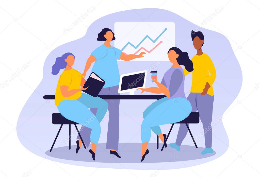  vector hand drawn illustration on the theme of office, teamwork. women and a man are discussing the development strategy of the company. trend illustration in flat style